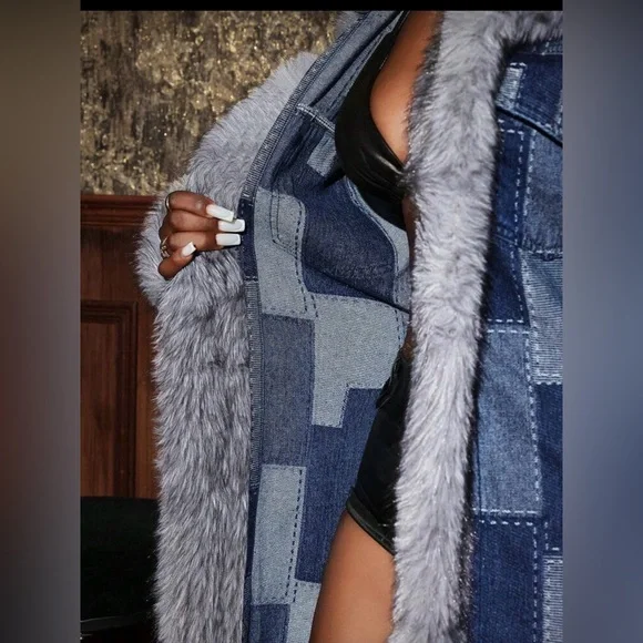 Women's Blue and Gray Long Coat with Faux Fur Trim - Picture 5 of 6